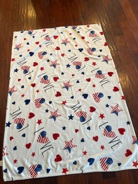 Rae Dunn Plush Throw Blanket Love Red & Blue Stars Hearts Patriotic USA 4th July